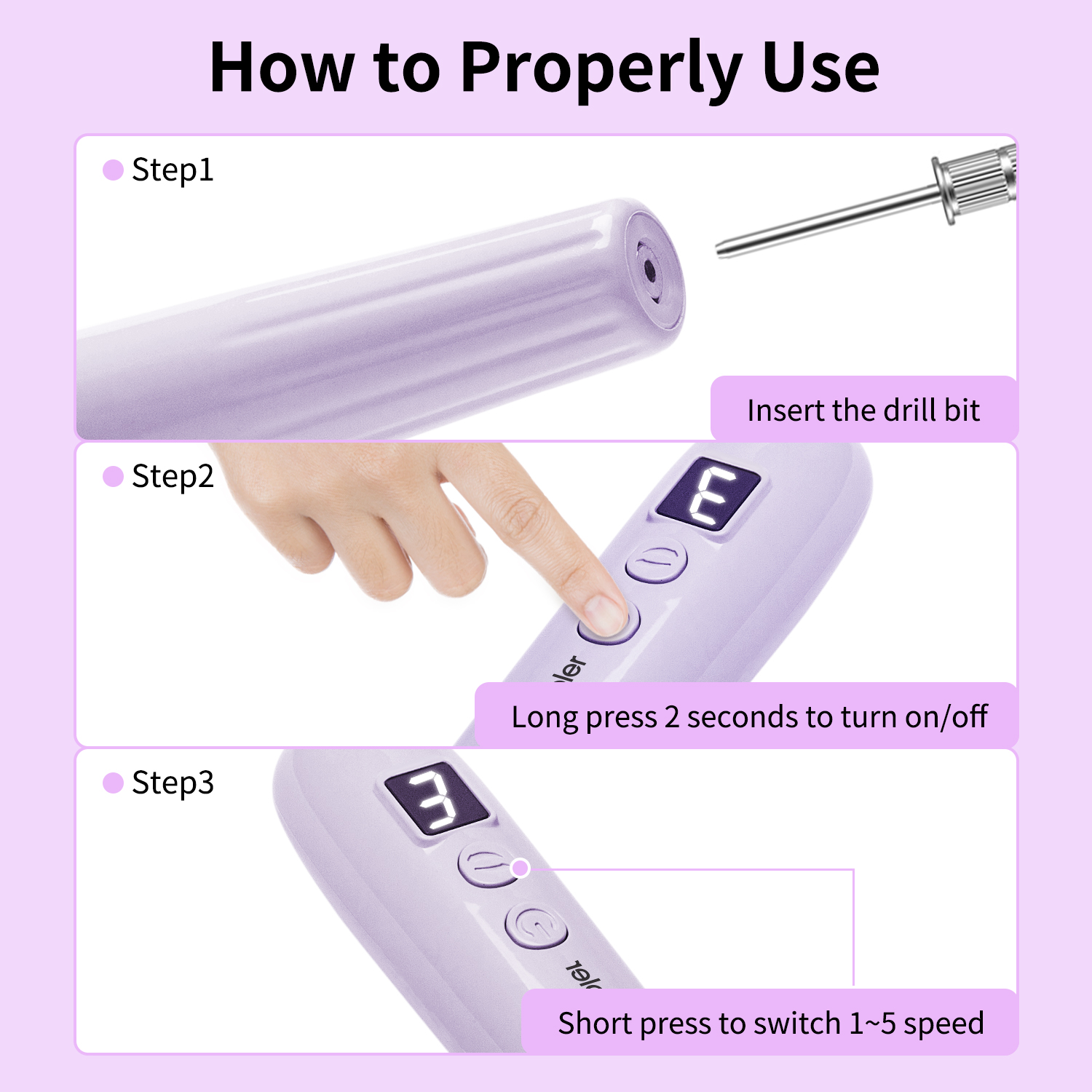 New Design Purple Electric Nail Polisher Professional Nail Drill Kit, Portable Electric File with 12 Attachments and 6 Sanding Belts, 35000 RPM Portable USB Rechargeable