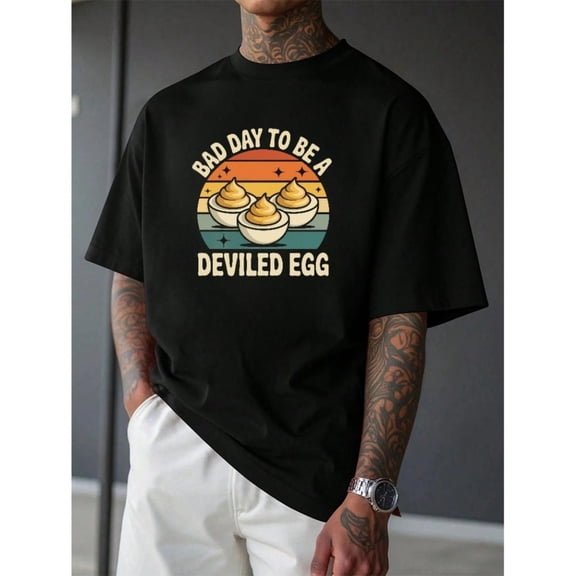 Men's Humorous "Bad Day To Be A Deviled Egg" Retro Sunset Food Graphic Casual T Shirt Short Sleeve Round Neck Top Black S-5XL