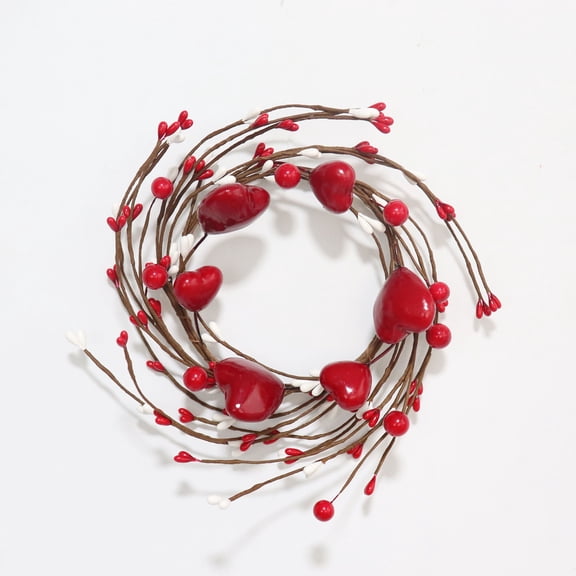 Valentine Candle Rings Wreaths Red Heart and Berry Holder Ring Berry Mini Wreaths for Valentine's Day Wedding Windows Table Centerpieces (Red)