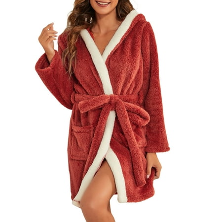 

Eyicmarn Women Plush Bathrobe Splicing Hooded Long Sleeve Loose Bathing Robe with Pockets for Ladies Wine Red
