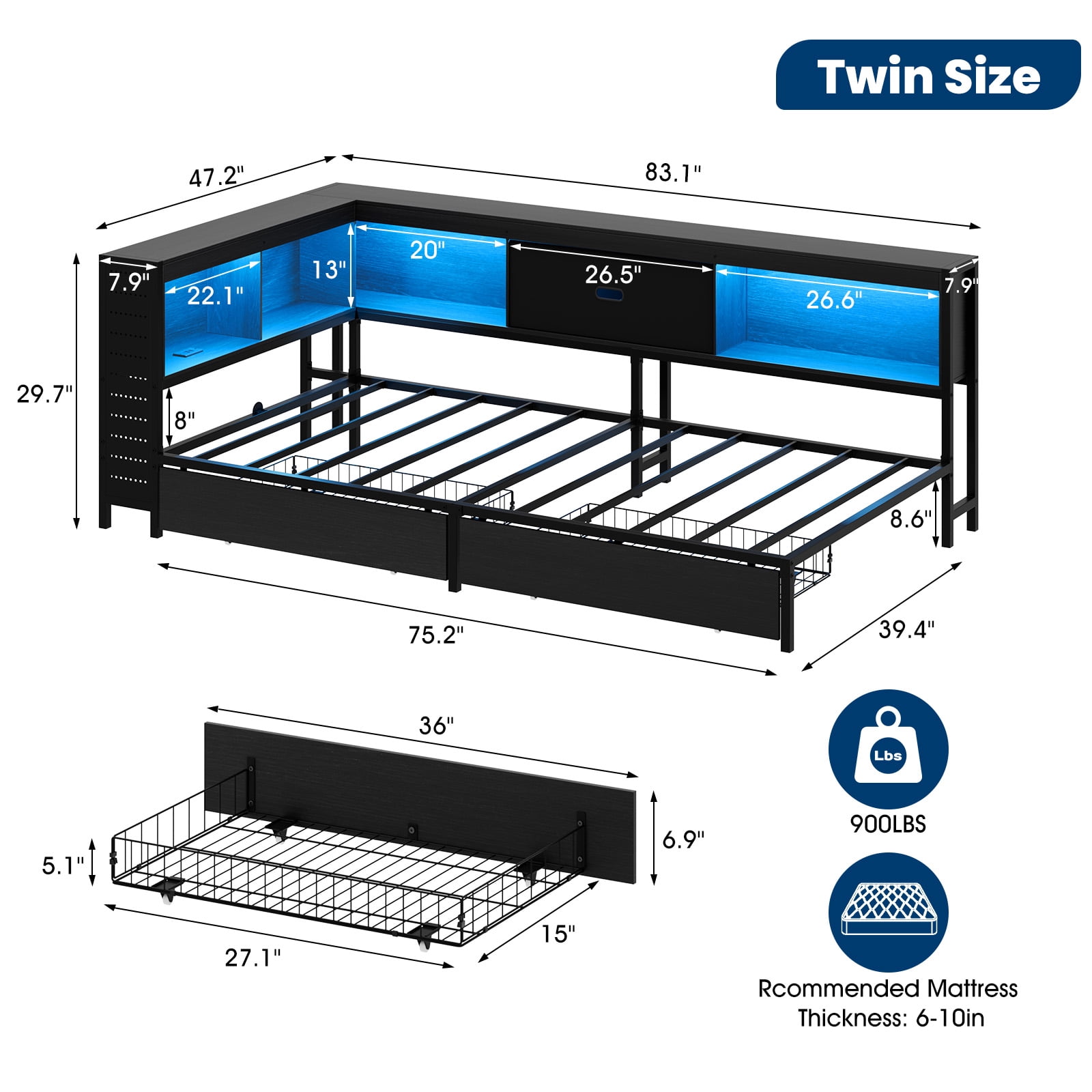 Lusimo Twin Corner Bed Frame with Bookcase Storage and LED Lights & Charging Station, Metal Platform Bed Frame with Storage Drawers Underneath for Bedroom, Black