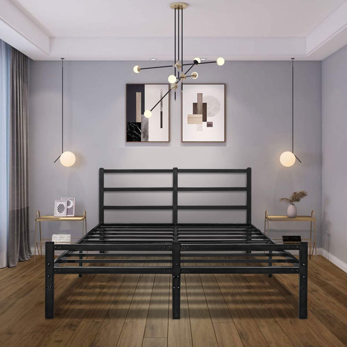 King King Size Bed Frame with Storage No Box Spring Needed Metal Heavy Duty 14 Inch Black Platform Bedframe