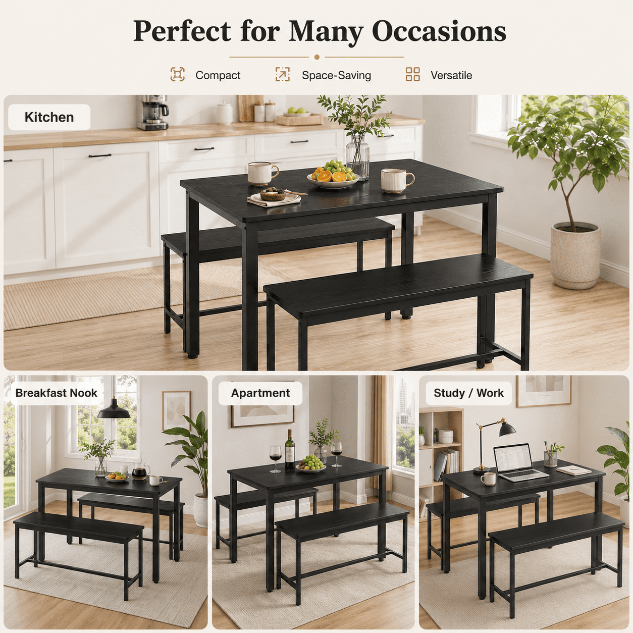 Aukfa Dining Table Set for 4, Rectangular Kitchen Table W/ 2 Benches for Small Space,Black