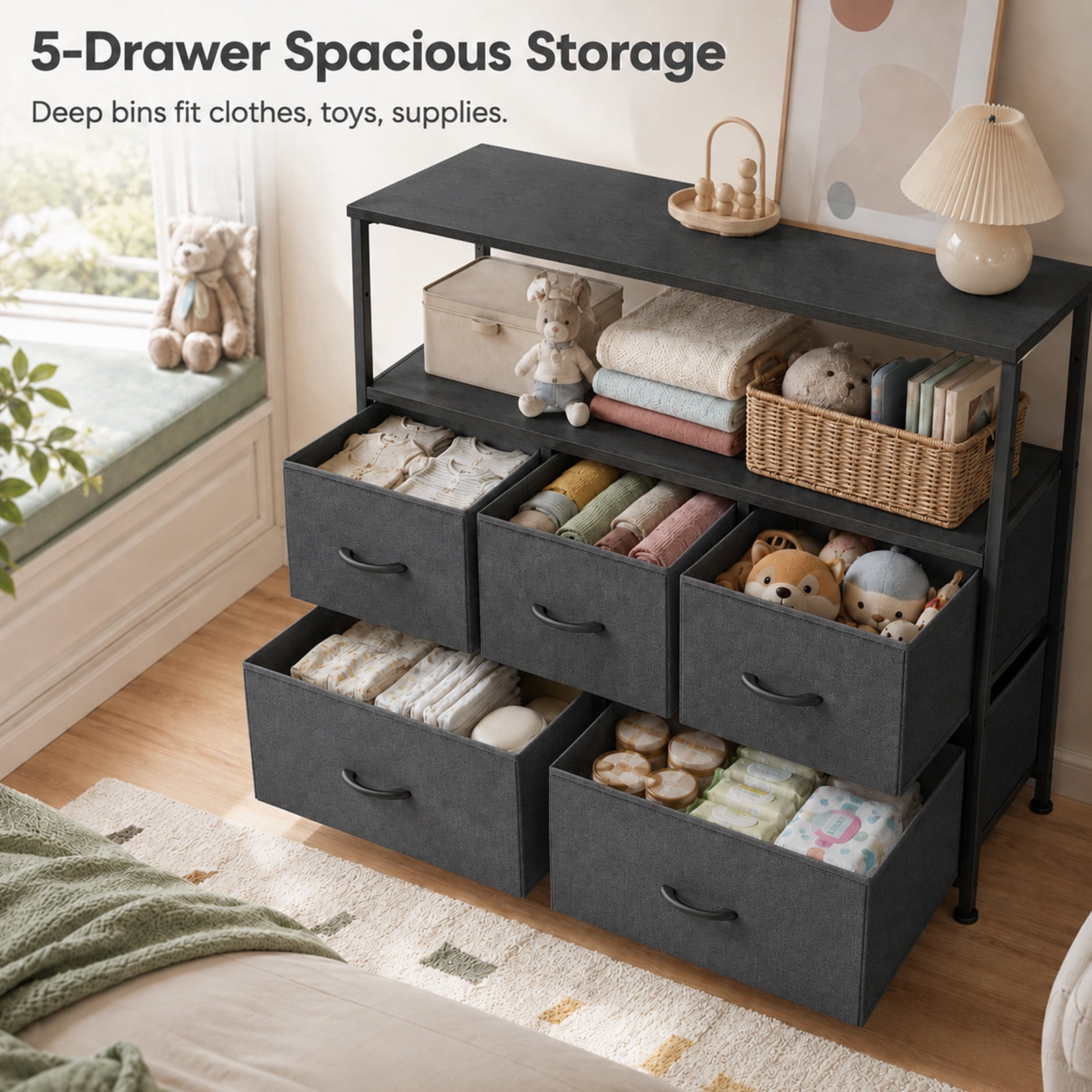 Alvantor Tall Fabric Dresser, TV Stand Media Console, 5 Drawer Storage Tower with Wooden Top for Bedroom, Entryway, Nursery