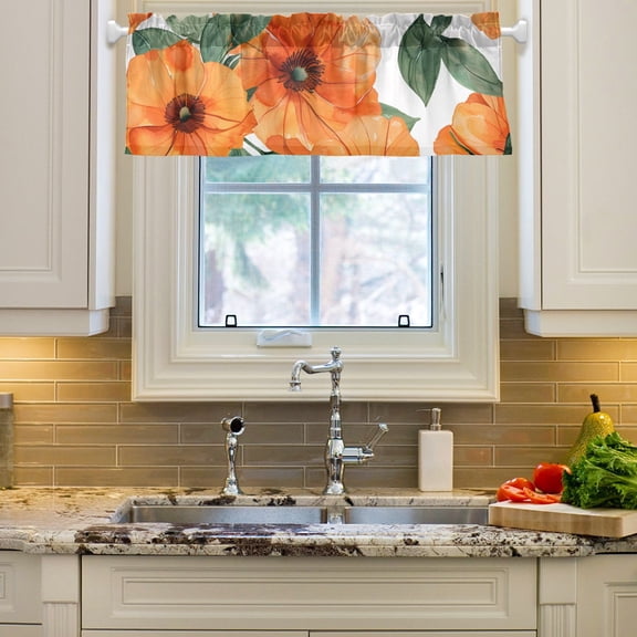 Flowers Orange Curtain Valances Farmhouse Design Window Treatment Decor Blackout Rod Pocket for Windows Living Room Kitchen 54" x 18"