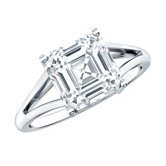 Rosec Jewels Certified Moissanite Asscher Cut Engagement Ring 3 Carat - Split Shank Ring - 8 mm - D-VS1 Quality, 925 Sterling Silver, US 4.00