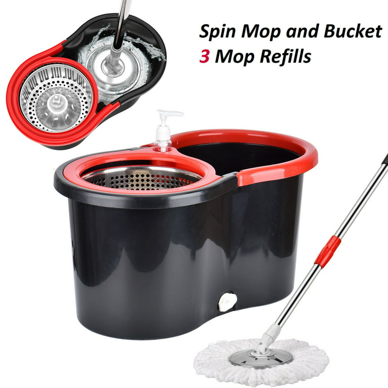 360 Rotating Head Easy Spin Dry Floor Mop Bucket and 3X Head Microfiber Spinning, Size: 18.10 x 10.20 x 9.30, Red