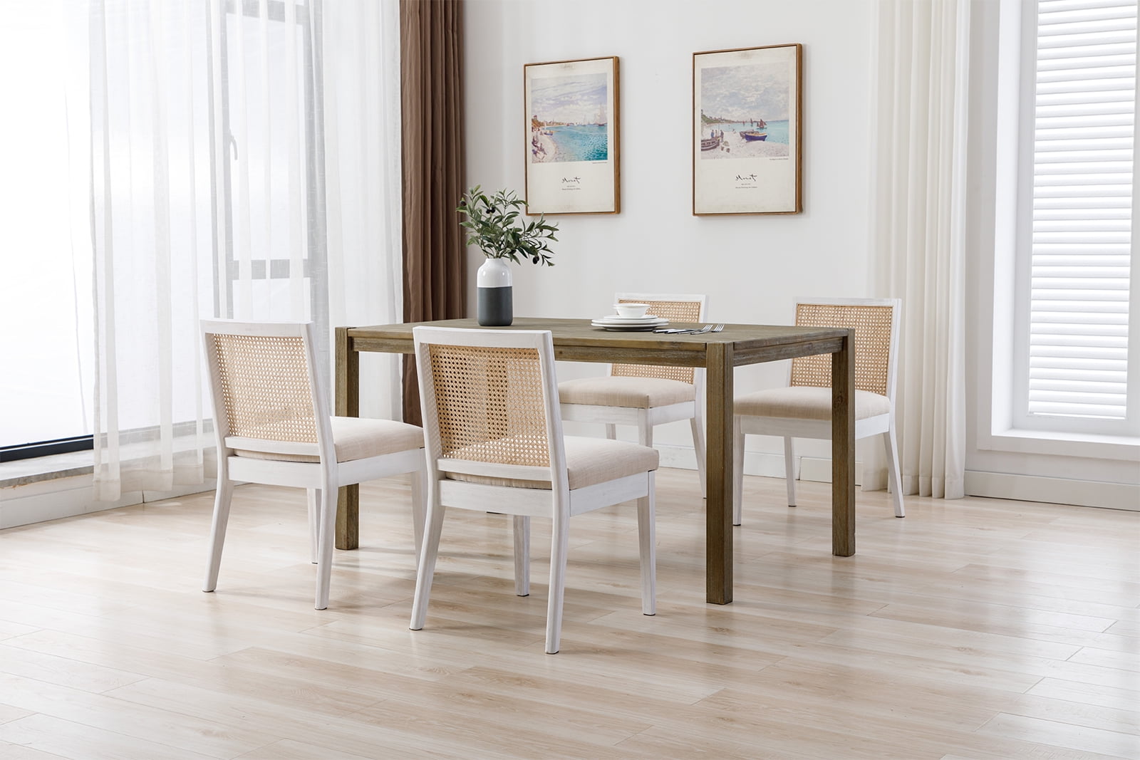 Dayalane Farmhouse Rattan Dining Chairs Set of 2, Mid Century Modern Dining Side Chairs with White Hardwood Frame, Linen Upholstered French Country Kitchen Chairs for Dining Room Bistro, Beige