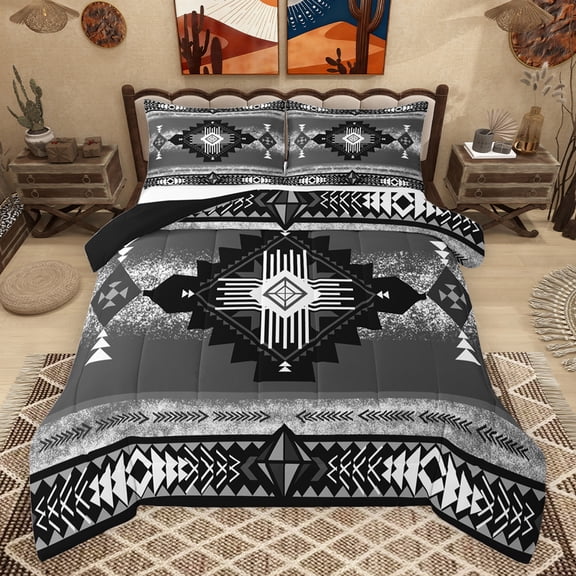 jejeloiu Gray White Geometric Bedding Comforter Set,Boho Exotic Style Twin Comforter Sets,Rustic Aztec Rhombus Bedding Set For Adults,Super Cozy Room Decor Reversible,2pcs