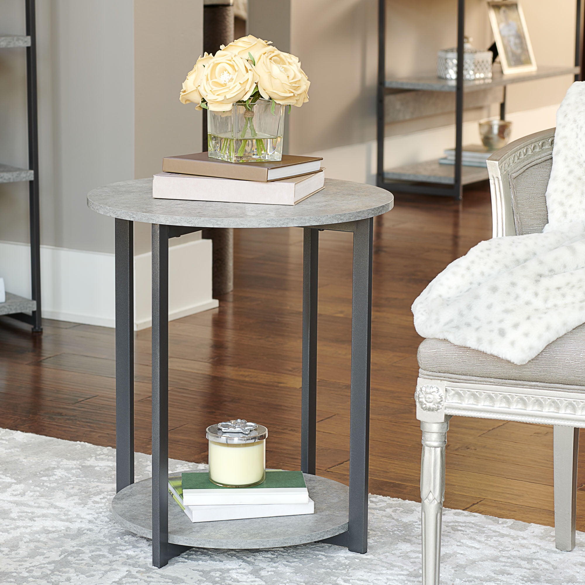 Household Essentials 2Tier Round Low Side Table, Faux Gray Slate