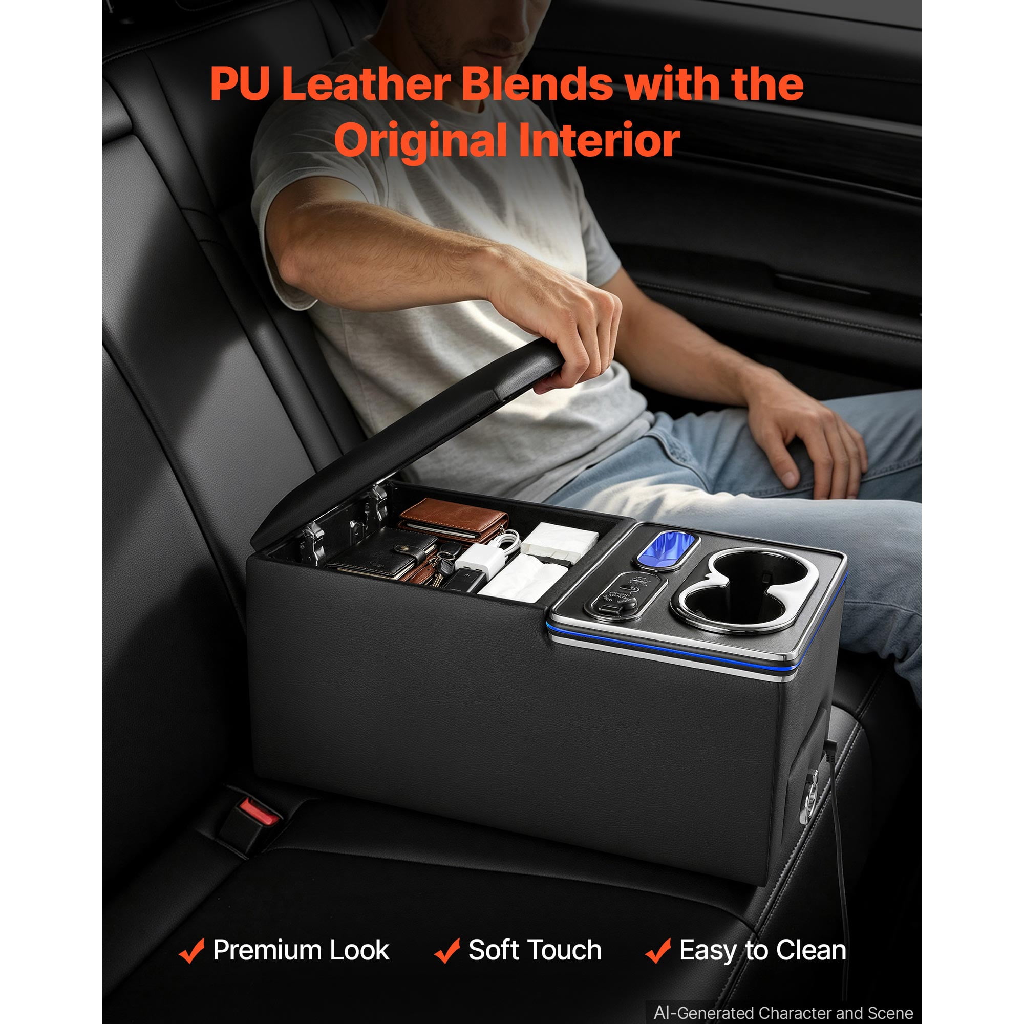 KFFKFF Universal Rear Bench Seat Center Console with Multi-Color Ambient Lighting, USB/Type-C/Cigarette Lighter Charging Ports, Back Seat Organizer with Cup and Phone Holders for MPV, Sedan, SUV