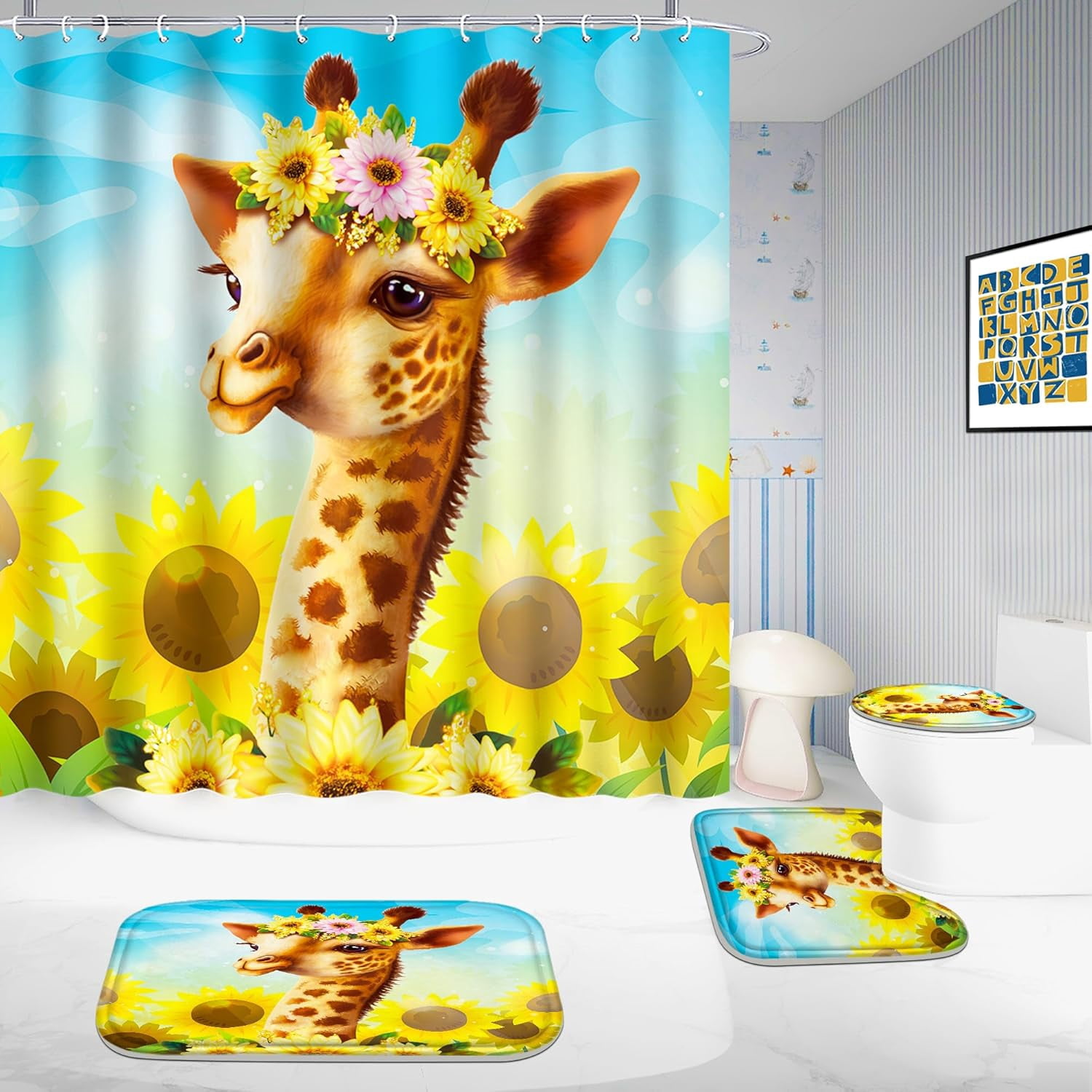 4 Pcs Bathroom Shower Curtain Set,Kid's Bathroom Set,Baby Octopus Shower Curtain Sets with Rugs(Bath Mat,U Shape and Toilet Lid Cover Mat) and 12 Hooks