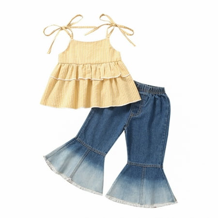 

Fesfesfes Toddler Summer Clothes Girl s Lacing Ruffled Camisole Denim Flared Pants Suit