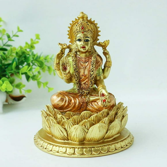 6.3" H Lakshmi On Lotus Polystone in Antique Gold, lndian Laxmi Statue Hindu Murti Figurine for India Buddha for Home Temple Mandir Hindu Gods and Goddesses for Diwali Party Present Birthday
