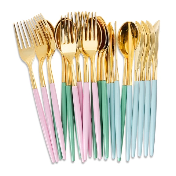 Disposable Cutlery Set, Multicolor Pastel and Gold, 24 Pieces, Easter by Way To Celebrate