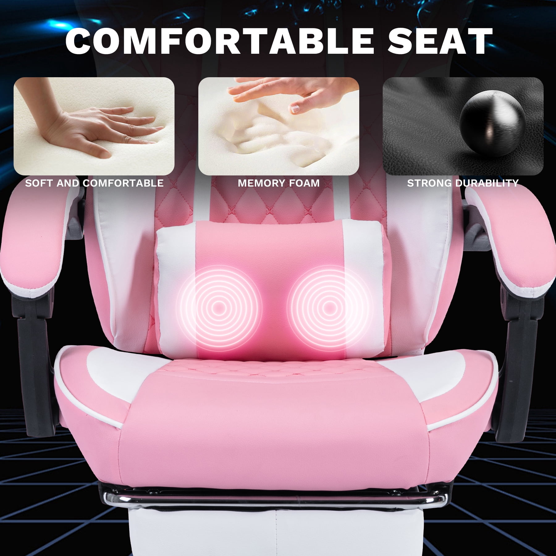 Ergonomic Gaming Chair with Massage Lumbar Support & Footrest, Racing Style Computer Chair with Adjustable Headrest for Home Office, Comfortable, Pink White