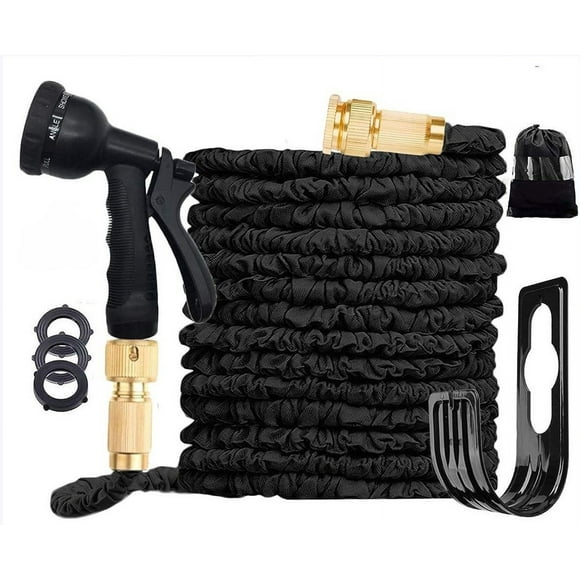 Retractable Garden Hose up to 30m with 8 Function Spray Gun, Magic Retractable Garden Hose, Waterproof, Hose Holder, Storage Bag (Black)