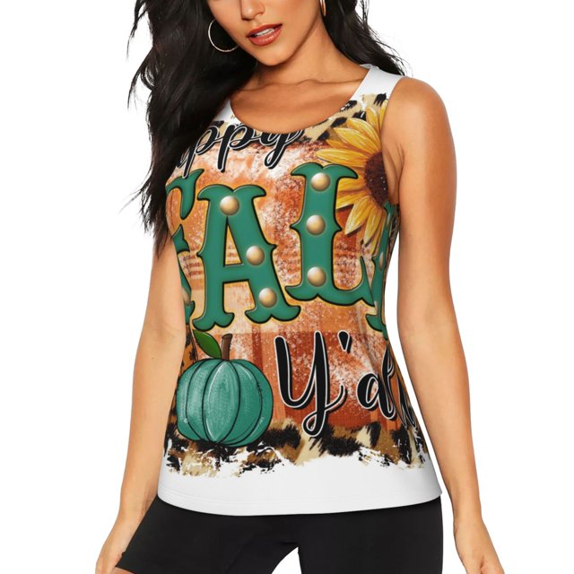 Balery Happy Fall Y'All Camiseta sin mangas estampada ligera para mujer, tops de entrenamiento sin mangas, camisetas de yoga transpirables de secado rápido.-Small