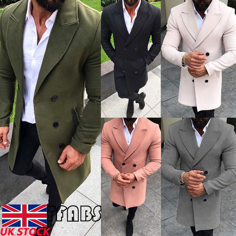 Mens Winter Trench Coat Double Breasted Formal Outwear Long Jacket Warm Overcoat
