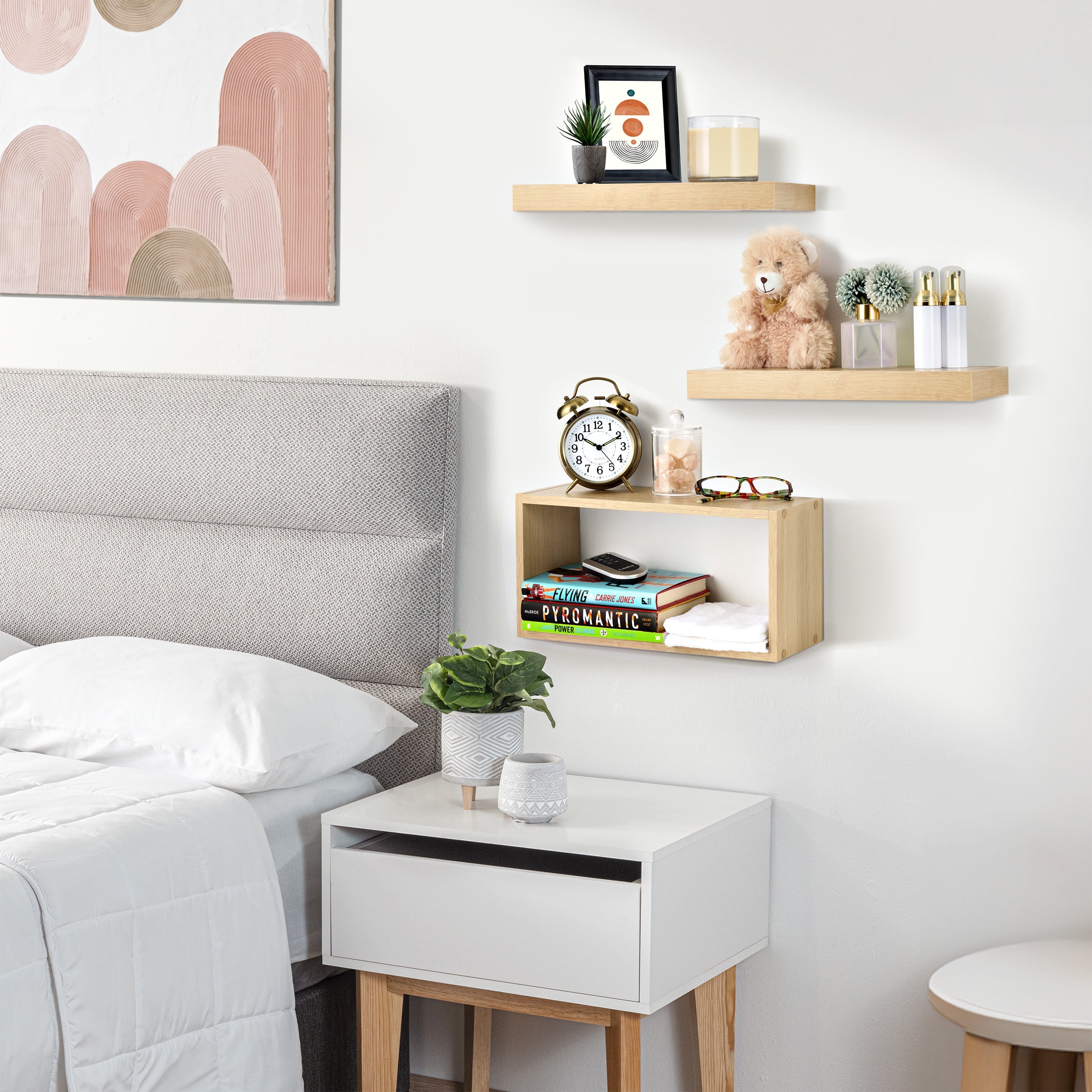 Sorbus Floating Shelves for Wall Set of 3 - Bathroom Shelves for Wall Storage, Over Toilet, Bedroom, Farmhouse, Wall Decor - 2 Floating Shelves with Invisible Brackets & 1 Rectangular Box