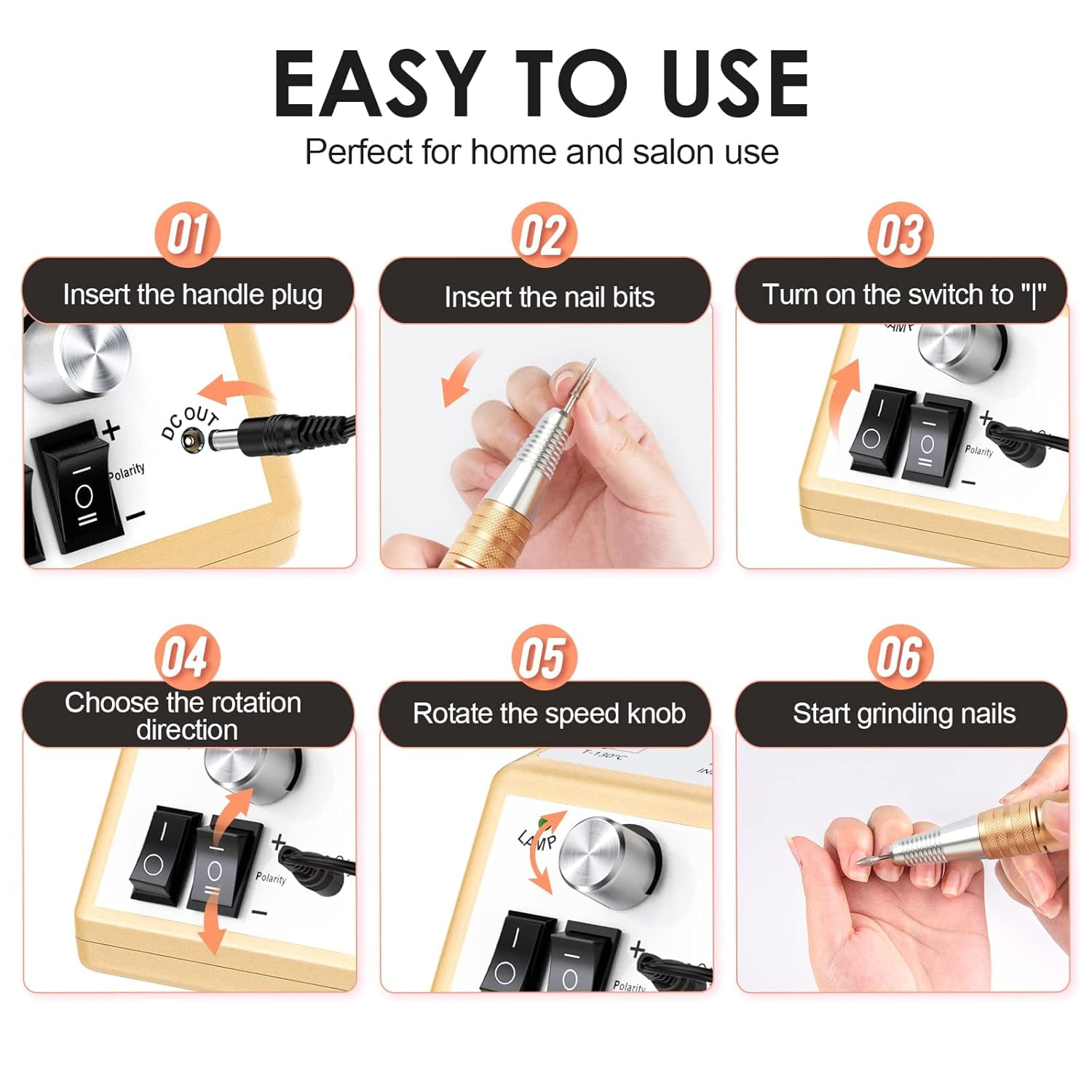 Professional Electric Nail Drill Kit 30000 RPM w/ 6 Bits & F/R Switch for Gel/Ac,gold