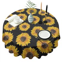 Black Yellow Sunflower Pattern Round Tablecloth 60"x60",Wrinkle Wipeable Table Cloth for Kitchen Dining Room Picnic Patio Party