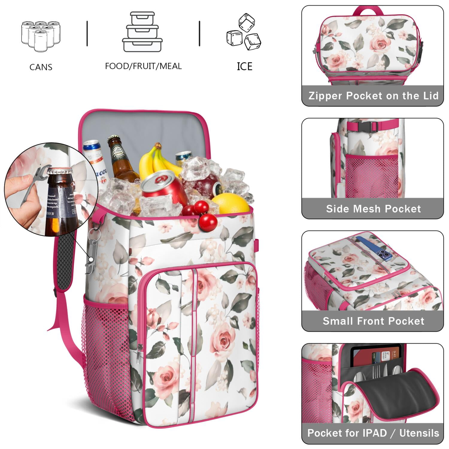 Travel Cooler Bag - Pioneer Flower Floral Print Pattern Camping Beer Cooler Backpack with Bottle Opener- Waterproof Insulated Picnic Backpacks - Cooler Bag for Beach