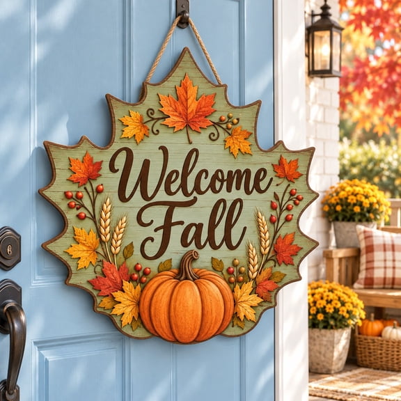 Maple Leaf Pumpkin Welcome Wooden Door Sign for Autumn Porch Decor