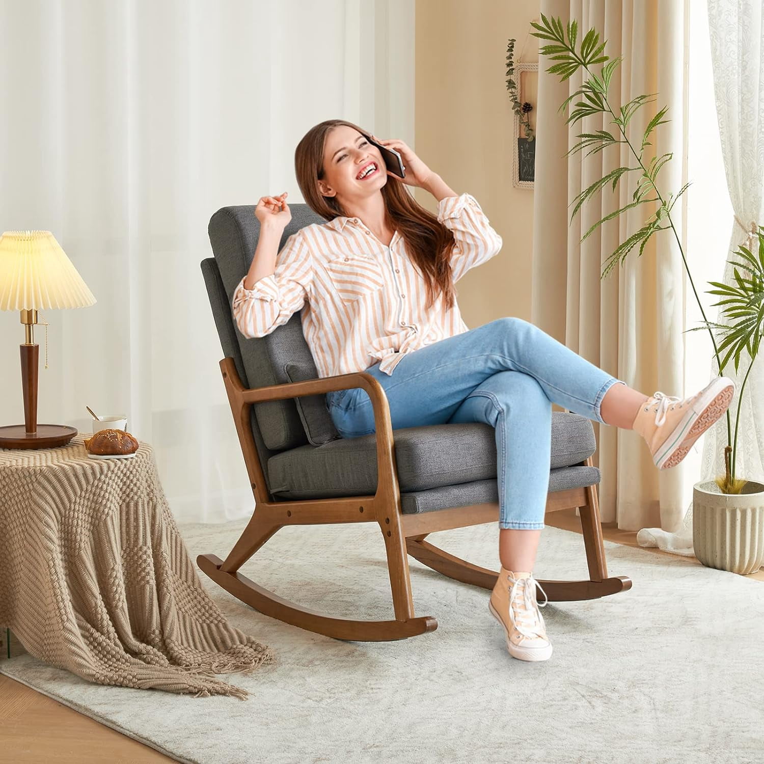 Nursery Rocking Chair Removable Glider Rocker High Backrest Rocking Armchair Mid-Century Accent Chair with Lumber Pillow for Bedroom, Living Room, Nursery, Dark Gray