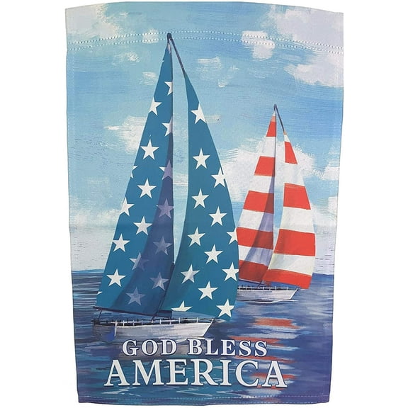 God Bless America Sailboats Garden Flag - 12" x 18", Red, White, Blue, Stars, Stripes, Memorial Day, Spring, USA, 4th of July, Summer, President's Day