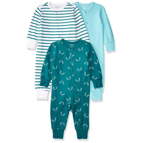 Hanes Ultimate Baby Flexy 3 Pack Sleep and Play Suits, Green/Blue, 12-18 Months