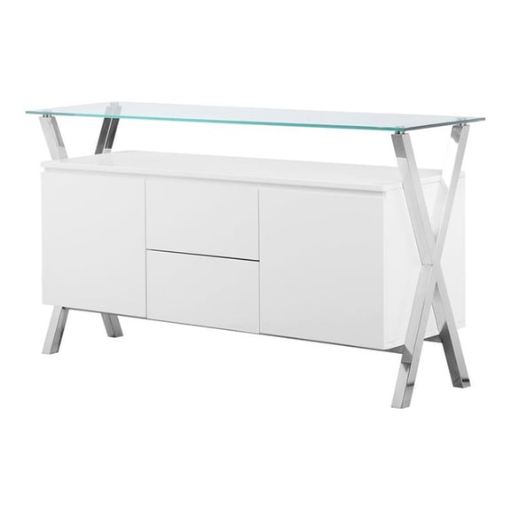 Maklaine Modern Wood Veneer & High Polished Steel Buffet in White