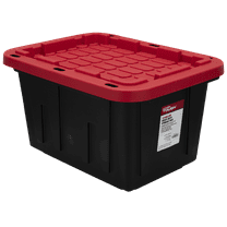 Hyper Tough Small Storage Bin, 12 Gallon Plastic Storage Container with Snap-On Lid, Black and Red, Industrial