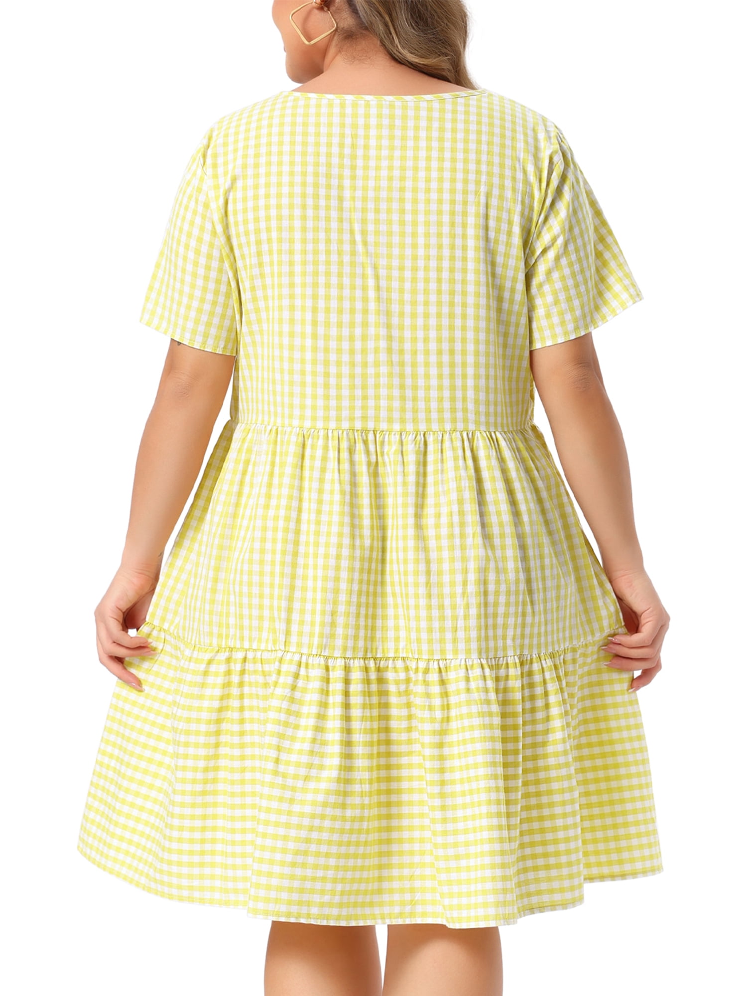 DARING DIVA Women's Plus Size Plaid Round Neck Short Sleeve Midi Dress 1X Yellow
