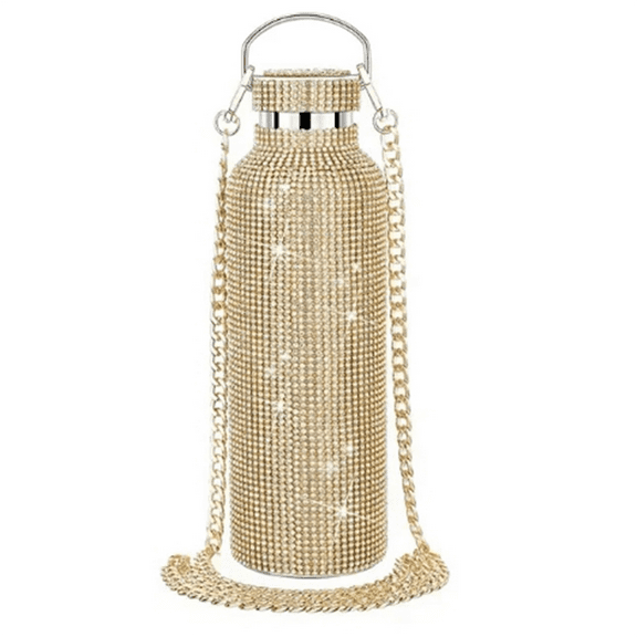 Diamond Stainless Steel Water Bottle Portable Glitter Rhinestone Crossbody Bling Thermal Flask 600ml D