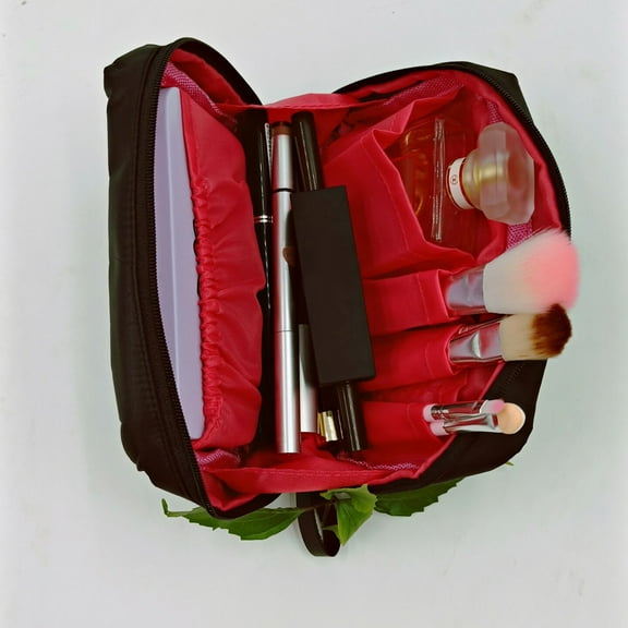 FRCOLOR Women Small Cosmetic Bags Portable Travel Makeup Bag Cosmetic and Toiletries Organizer Bag (Black and Red)