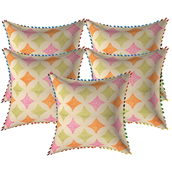 Stylo Culture Indian Settee Sofa Throw Pillow Covers 16 x 16 Towel Embroidered Multi Color Zippered 40x40 cm Pom Pom Lace Cotton Floral Square Cushion Covers | Set Of 5