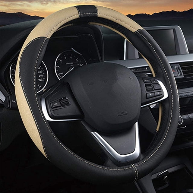 Funda de volante de microfibra de cuero, diámetro 37-38 cm, universal, antideslizante, transpirable, accesorio decorativo (negro/beige)