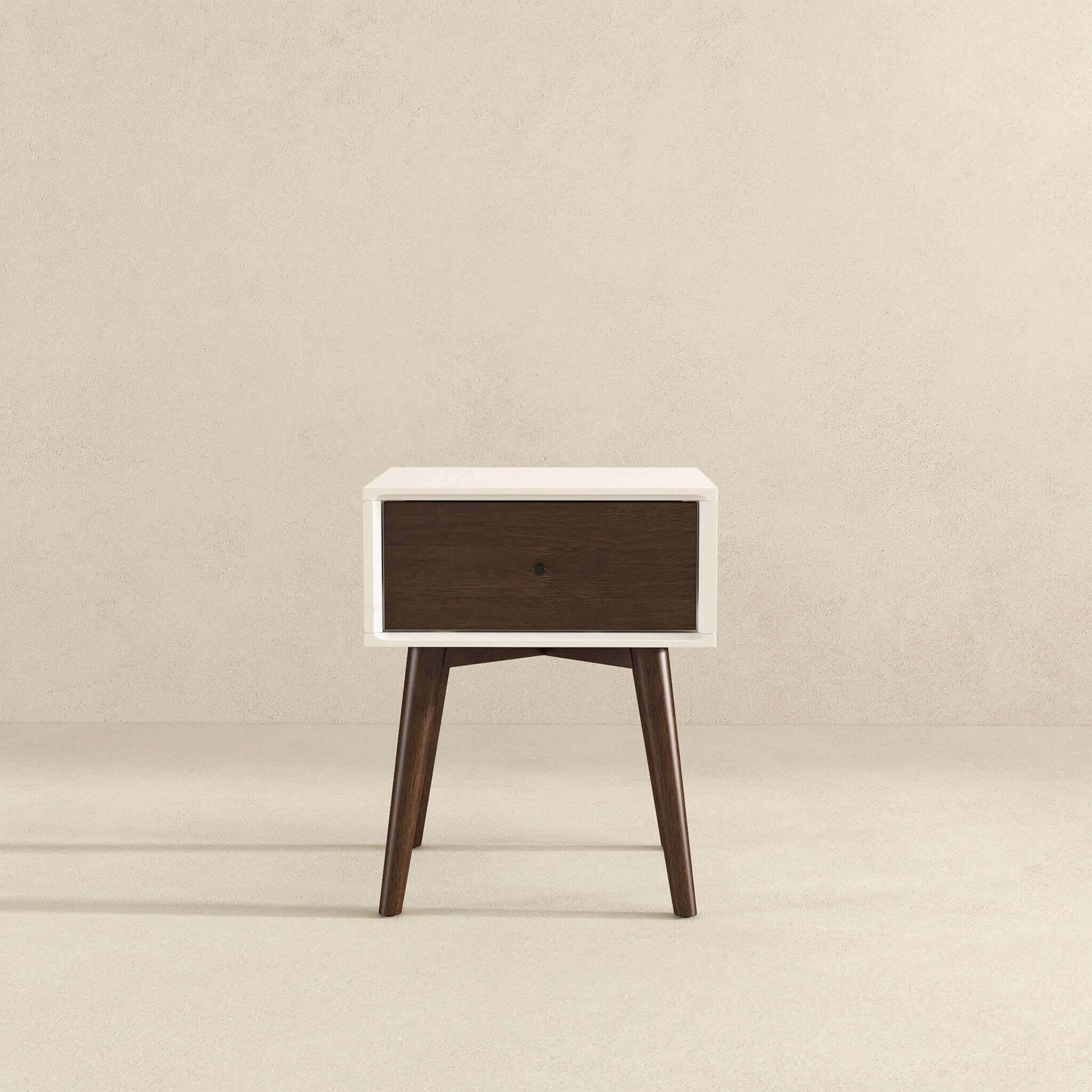 Noble House Avery Mid-Century Modern Nightstand, Solid Walnut Wood Compact Storage Table, Dark Brown and White
