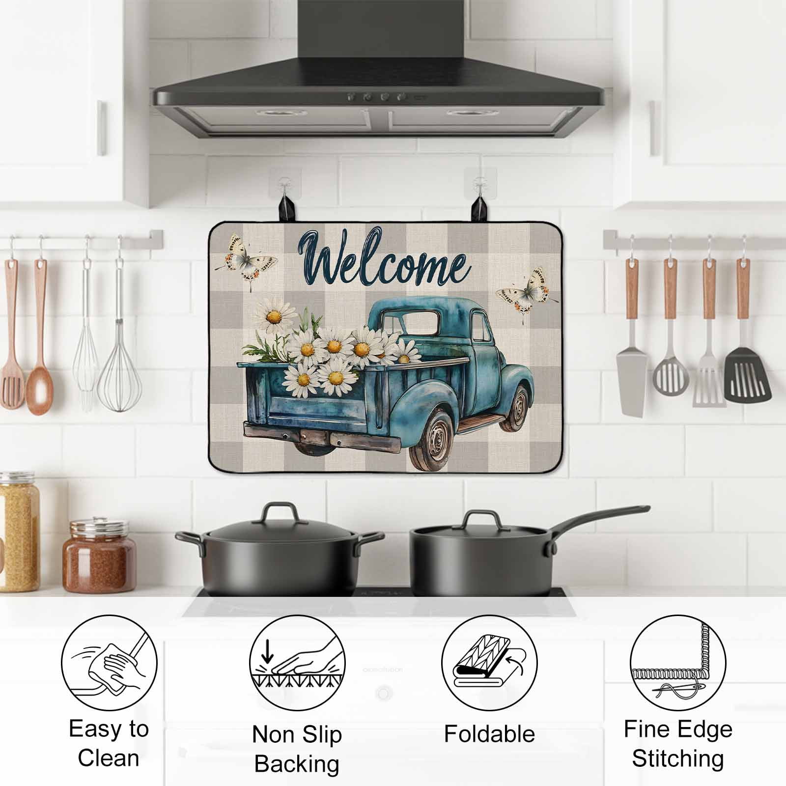 Daisy Butterfly Stove Top Cover for Electric Stove, Heat-proof & Non Slip Glass Top Stove Cover Protector, Blue Floral Truck Pastoral Grey Check Kitchen Flat Cooktop Rubber Mat 24x21 Inches