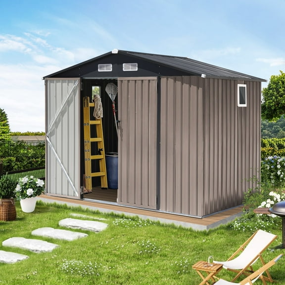 JOIVI 8 x6 FT Outdoor Storage Shed with Window, Galvanized Metal Steel Weather Resistant Patio Garden Shed for Bike, Garbage Can, Lawnmower, Tool Storage Shed W/Lock, for Backyard, Lawn, Brown