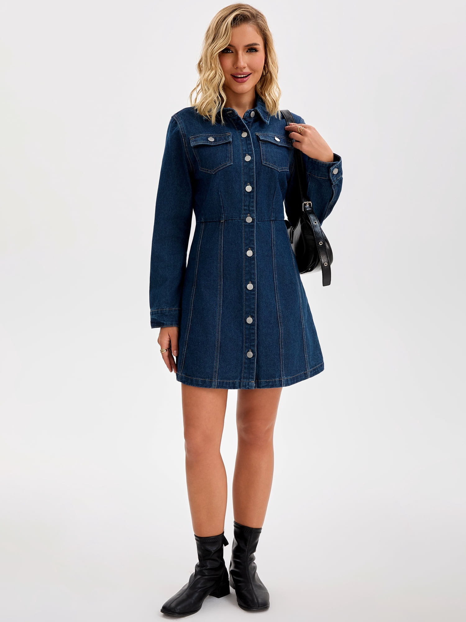 DARING DIVA Women's Button Down Collared Long Sleeve A-Line Jean Dress 2XL Dark Blue