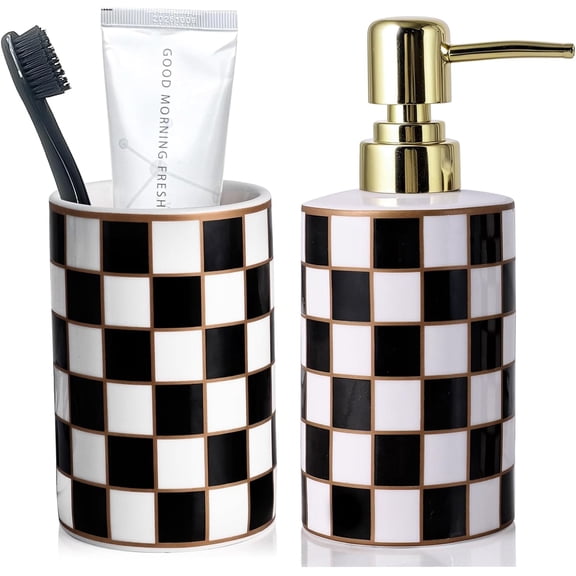 CATPAN Bathroom Toothbrush Holder Set, Ceramic Checkered Soap Dispenser and Tooth Brush Holder Set, Modern Bathroom Accessories Sets Countertop, Black and White Checkered Bathroom Decor Set (Black)