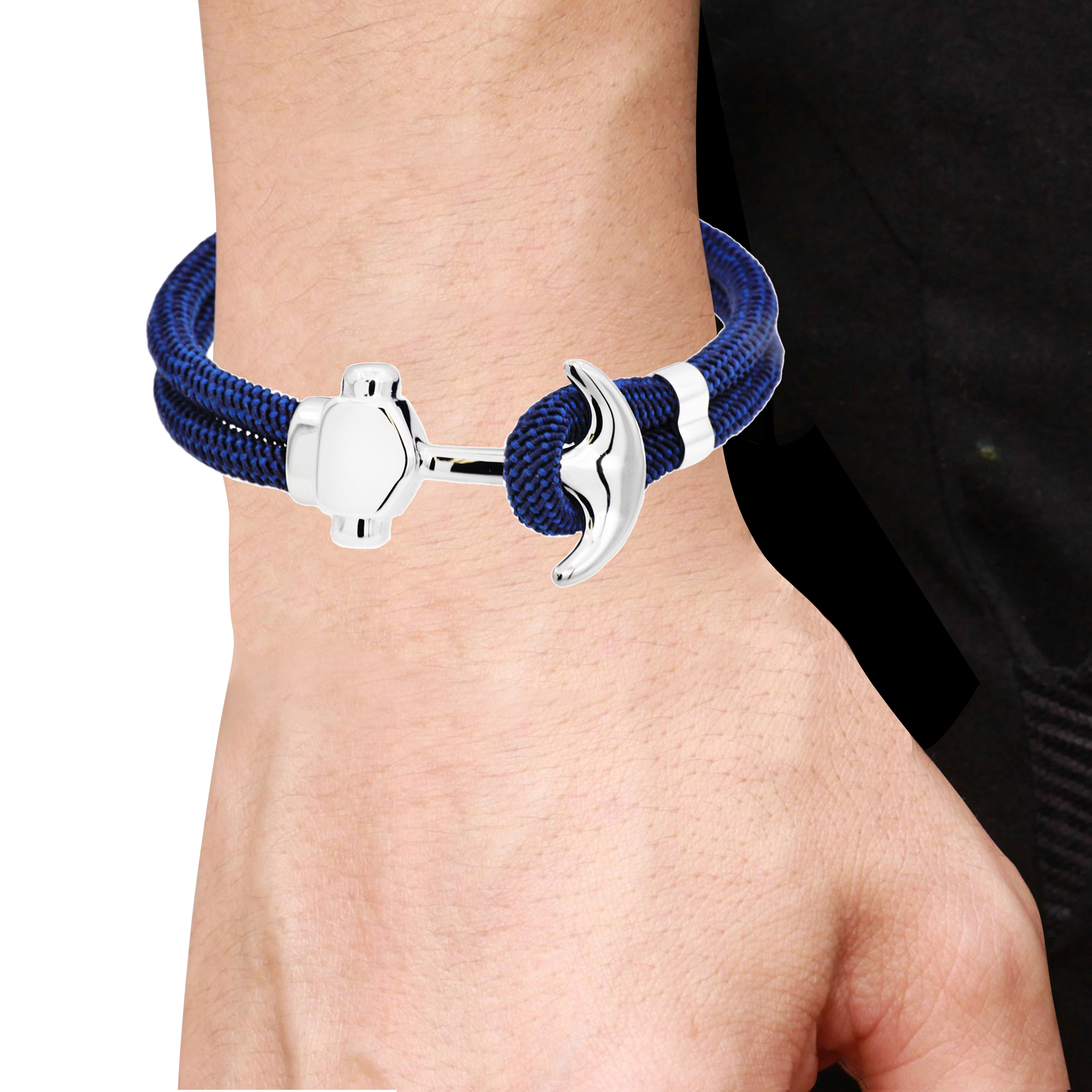 Arista Navy Twisted Cotton Rope Men's Anchor Bracelet with Adjustable Strap in Stainless Steel, 8"
