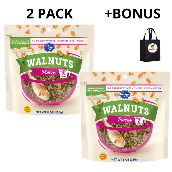KG Walnuts Pieces, Excellent Source of ALA Omega-3, Gluten Free, Vegan, 8 oz , 2 Pack Bonus