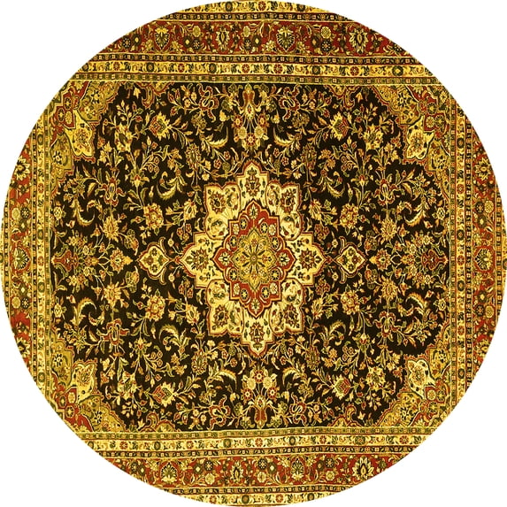 Ahgly Company Machine Washable Indoor Round Medallion Yellow Traditional Area Rugs, 7' Round