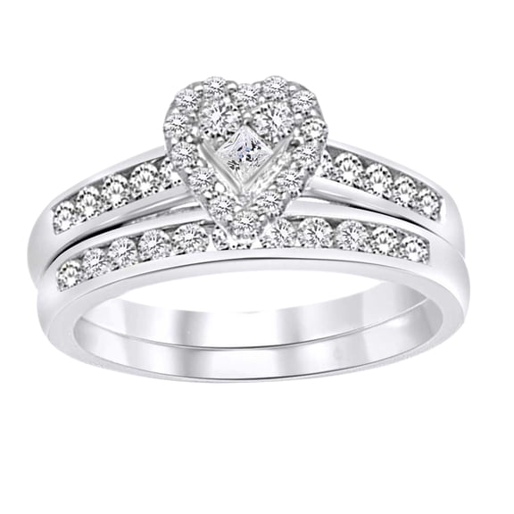 AFFY Princess & Round Shape White Natural Diamond Heart Bridal Ring Set In 10k White Gold (0.4 cttw) Ring Size-4