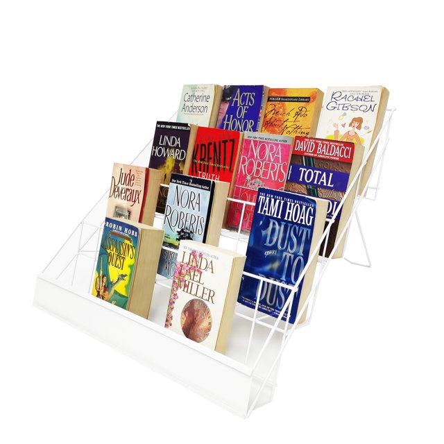 FixtureDisplays® 4-Tier 18.4 x 16.6 x 14.5" Wire Display Rack Literature Brochure Magazine Stand Book Tabletop Rack, 2.5" Deep Open Shelves Book Rack Signing 119361-WHITE