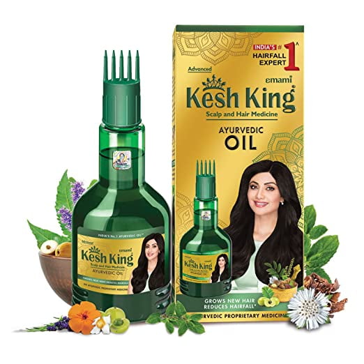 Kesh King Huile Ayurvédique pour Cuir Chevelu et Cheveux, Bouteille de 100 ml avec Emballage. la Bouteille Verte Présente un Applicateur de Peigne à Racines Profondes pour une Pénétration Accrue de l'Huile. l'Emballage Met en Valeur la formulation Ayurvédique du Produit avec 21 Herbes, Dont Bhringraja, Amalaki et Brahmi, Conçue pour Réduire la Chute des Cheveux, Favoriser la Pousse des Cheveux et Combattre les Pellicules. Convient à Tous les types de Cheveux et Sans Parab