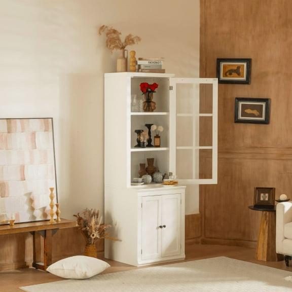 Knubmt Wood Storage Cabinet with Single Tempered Glass Door, 75.25" Tall 2 Doors Display Cabinet for Living Room, Kitchen, Studio, Workspace, White